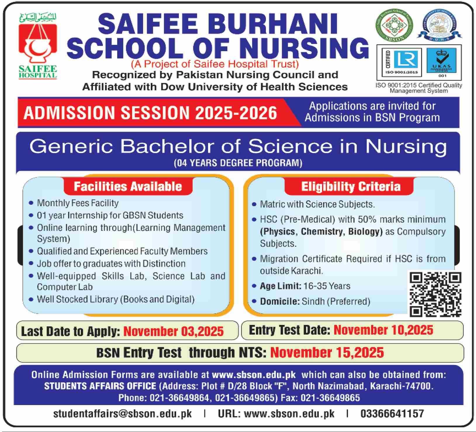 Admission Open in The Saifee Burhani School of Nursing Karachi